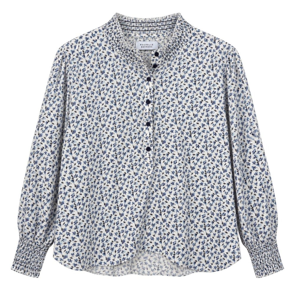 The Shirt Rochelle Behrens Floral Smocked Button Down Blouse Large Blue Cottage